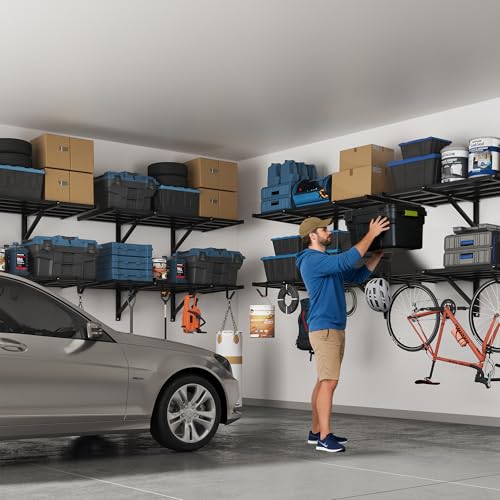 FLEXIMOUNTS 2-Pack 2x4ft Garage Wall Shelving, 8 Hooks, Heavy Duty, Black | Heavy Duty Garage Shelving Wall Mounted, 400lbs Capacity, Storage for Power Tools, Garden Supplies, Storage Bins, Lite Series - size: 2 pack-2x4 ft
