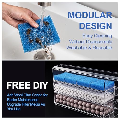 3-Tier Wet-Dry Trickle Aquarium Filter, Smoke Clear Filter Box, 476 GPH 3-in-1 Water Pump, Ultra Quiet, Adjustable Bracket, Easy Maintenance, For 20-80 Gallon Freshwater Saltwater Turtle Tanks