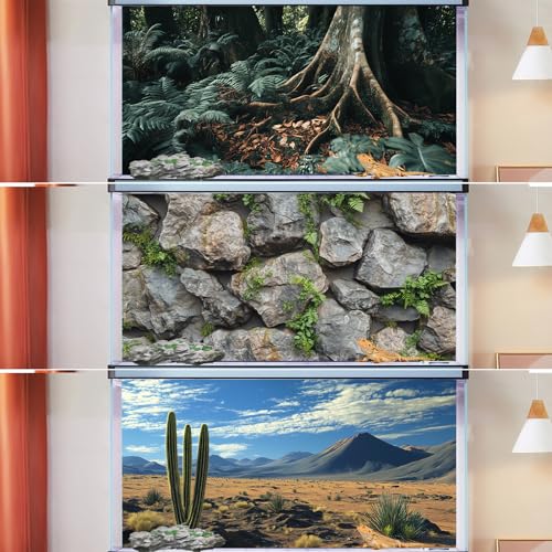 3 Pack Terrarium Background, 30x18 inches Polyester Reptile Background, Cloth Terrarium Background, Tropical Green Tree Fern & Gobi Desert Sunshine Cactus Rock Terrarium Background - size: 30x18 Inch