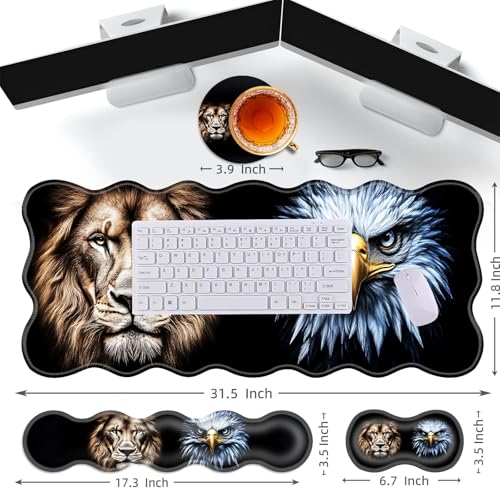 Large Gaming Mouse Pad, Keyboard Wrist Rest Pad & Wrist Support Mousepad Set, Stitched Edge, Extended, Non-Slip Base, Memory Foam Desk Mat for Office, Home,Lion and Eagle Face Art - color: Lion and Eagle Face Art