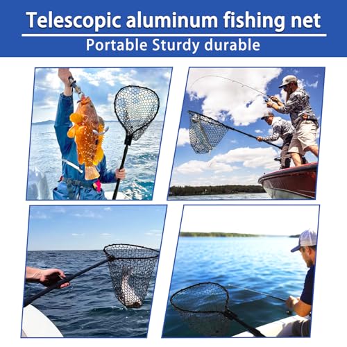 Telescoping Rubber Fishing Net with Handle 64"/46“ Long Silicone Large Fish Landing Net Kayak/Fishpond/Saltwater Extendable Fishing Gear Accessories - color: Black:Upgraded Metal Lock|length:63.8"