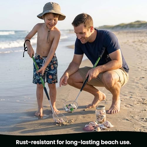 VOS Sand Sifter 2-Pack | Adjustable Handle 21"–33" | Stainless Steel Beach Scoop for Seashells, Shark Teeth & Sea Glass | Lightweight Aluminium, Rust-Resistant – Black