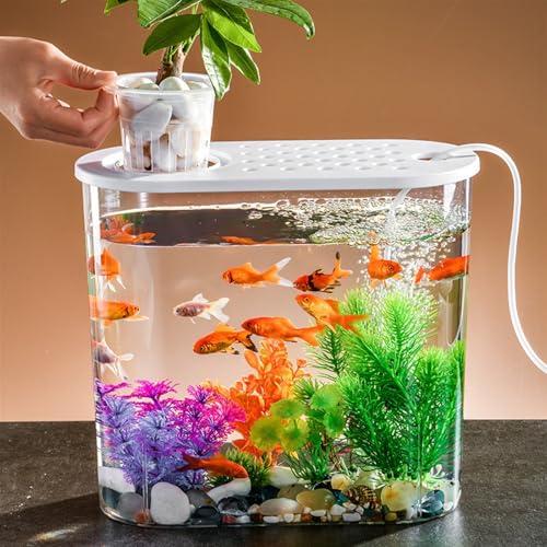 Fish Bowl Transparent Acrylic Fish Tank with Breathable Lid and Easy to Move Carrying Handle Living Room Office Desktop Decorative Fish Tank Planter Aquariums(White)