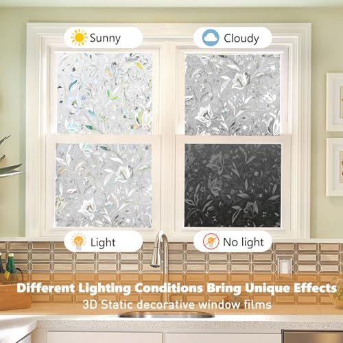 Window Film, Window Privacy Film, Window Vinyl Glass Covering, Stained Glass Decorative Film, Window Film Privacy Frosted Static Clings, Non-Adhesive, No-Glue (17.5 x 78.7 inch)