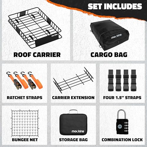 Mockins 64"x39"x6" Extendable Heavy Duty Roof Rack Basket & 16 Cu Ft Waterproof Cargo Bag for Top of Car | 250 Lbs Capacity Steel Rooftop Cargo Carrier for Top of Vehicle with Roof Basket Accessories - size: Basket+Bag: 64"x39"x6"