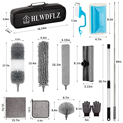 Microfiber Duster Kit 23pcs with 30 to 100 Inches Extension Pole and Extendable Window Squeegee, Washable and Bendable Feather Duster for Cleaning Ceiling Fans, High Ceilings, Cobwebs, Blinds