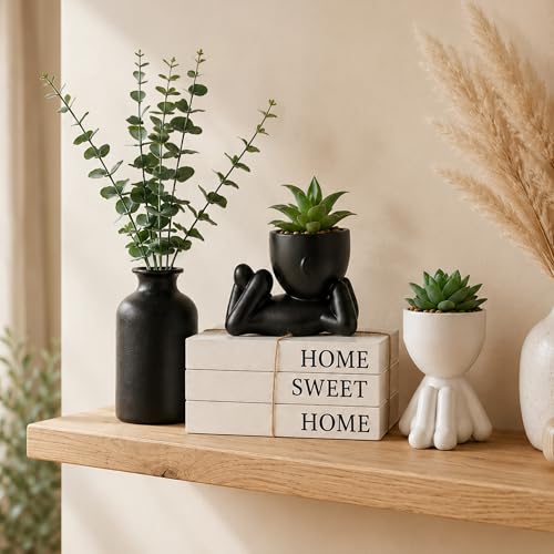 4PCS Farmhouse Home Decor Set, 3Pcs Faux Books + 2Pcs Fake Succulents Plants + 1Pcs Ceramic Vase with 5Pcs Eucalyptus Stems, for Room Shelf Table Decor Aesthetic Indoor