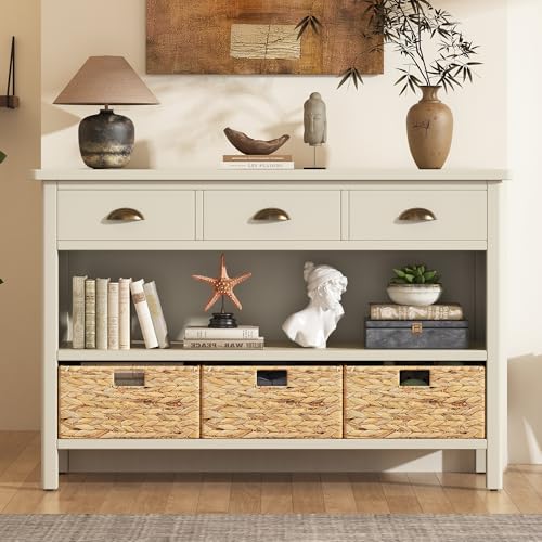Wood Accent Console Table with Drawer, 3-Tier Entryway Table with Storage Shelves and 3 Water Hyacinth Woven Baskets Sideboard Table Cabinet with Storage - Antique White