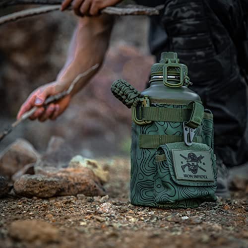 Iron Infidel Battle Bottle - Half Gallon Insulated Stainless Steel Water Jug with Handle - Gym Bottle for Men with Rugged Sleeve (Overland 2 Liter) - color: 64oz - Overland Green, size: 64 Ounces