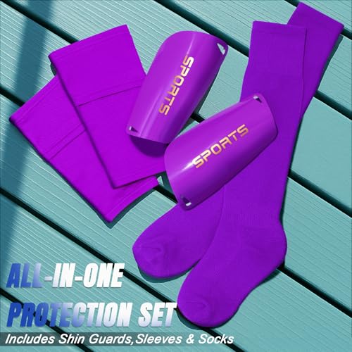 XZQTIVE Soccer Shin Guards with Shin Sleeves and Soccer Socks, Football Shin Pads Set for Kids Youth and Adult - color: purple, size: M(KIds,8-12 years)