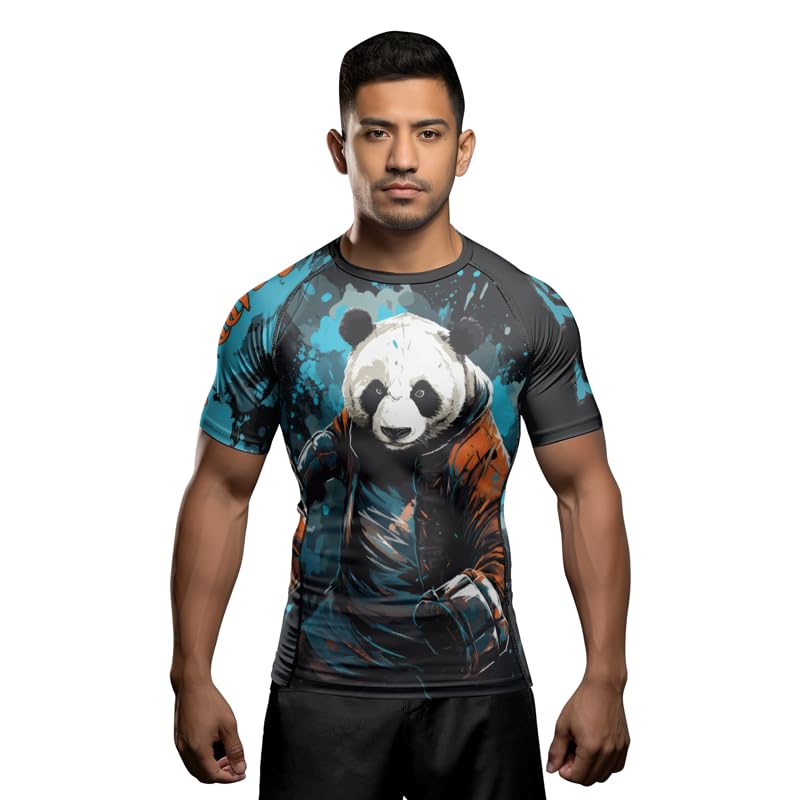 Panda Fighter Men's Short Sleeve Compression Rash Guard MMA Jiu Jitsu BJJ Grappling Base Layer Combat Shirt - color: V3, size: Small
