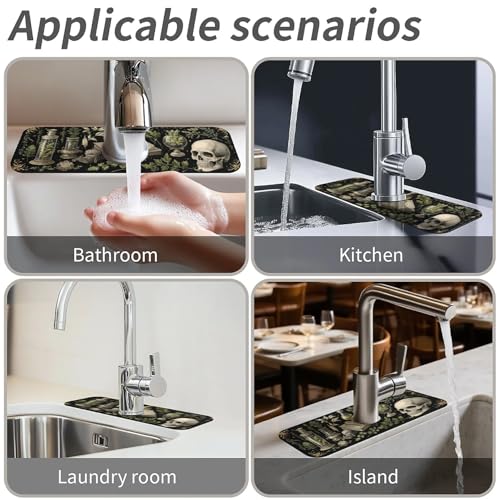 Kitchen Sink Splash Guard,Plants books skulls-1 Faucet Mat Sink Gadgets-Super Absorbent Fast Drying Mat Drip Catcher for Kitchen, Bathroom,Sink Mat, Dish Drying Mat, Bathroom(15" X 5.5" ) - color: Plants books skulls-1