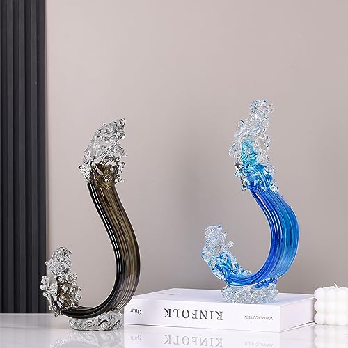Blue Glass Beach House Decor, Hand Blown Ocean Wave Decorate, Tall Blue Glass Sculpture Home Decor, Ocean Wave Fused Art Figurines, for Sea Art Beach Coastal Nautical Office Surfers Gifts