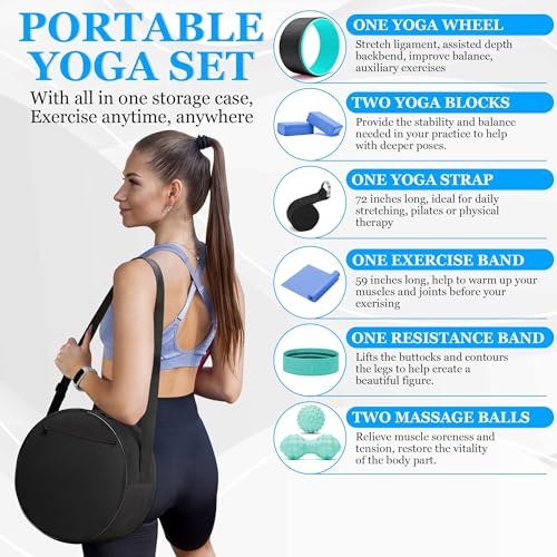 All in One Yoga Wheel Set, Soft Foam Roller Wheel for Back Pain & Stretching, Yoga Blocks 2 Pack with Strap, Trigger Point Therapy Massage Ball for Deep Tissue, Yoga Starter Kit for Beginner - color: C1, Black