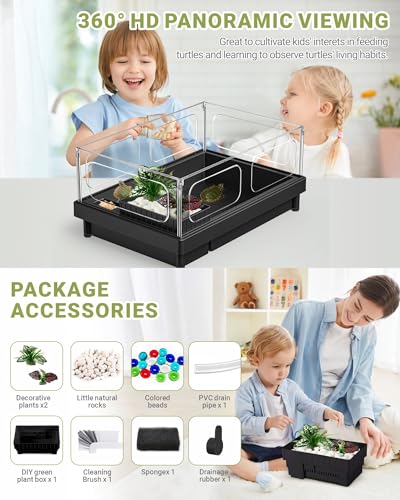 GOZILLA Small Turtle Tank Kit, Acrylic Turtle Starter Kit, Reptile Habitat and Terrarium with Multi-Functional Areas for Small Reptiles.(Black Tank)
