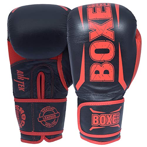 Boxing Gloves | Genuine Cowhide Real Leather | Muay Thai, Kickboxing, Sparring & Training | Pro Punching Gloves for Men & Women - color: BLACK/RED, size: 12OZ