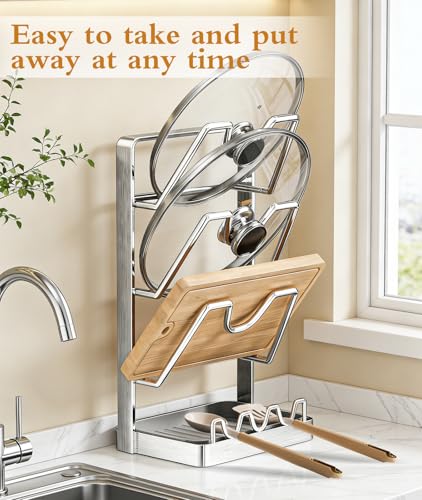 3-Tier Stainless Steel Pot Lid Holder, Extra Wide U-Shaped Kitchen Organizer Rack with Removable Drip Tray, No Plastic Silver(Fits Lids Up to 12 Inches) (Silver) - color: Silver