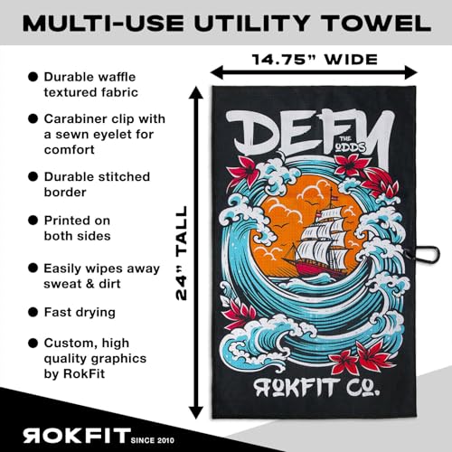RokFit Gym & Golf Towel – Multi-Use, Quick-Dry, Durable Utility Towel with Bold Graphic and Carabiner Clip (Defy The Odds) - color: Defy the Odds