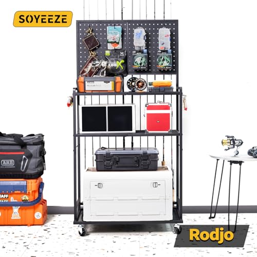 Large Size Fishing Rod Holders for Garage, 3-Tier Fishing Pole Rack with Pegboard and Hooks, Fishing Gear Tackle Box Organizer Up to 12 Rods, Rolling Fishing Storage Cart with Lockable Wheels