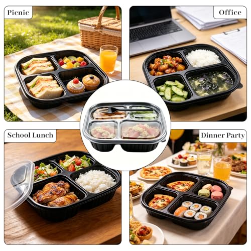 50 Pack Food Containers with Lids and with Forks, 37oz/1100ml Microwave Safe 4 Compartment Meal Prep Containers, Black Plastic Food Bento Boxes for Take Out, Restaurant