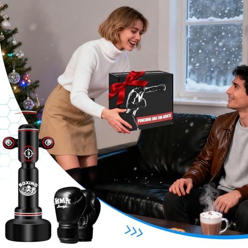 Heavy Punching Bag for Adults Teens, Standing Boxing Bag with Gloves - color: Red