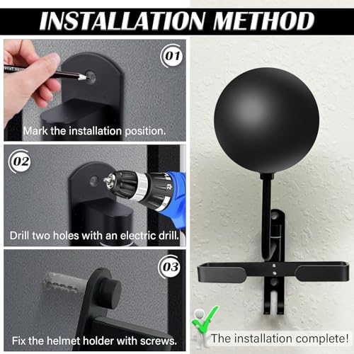 Kikerike Motorcycle Helmet Rack Wall Mount 180 Degree Rotation Metal Bike Helmet Holder Mount Bicycle Helmet Display Hanger Stand with 2 Hooks for Motorcycle Bike Baseball Rugby Helmet - 1 Pack - color: Black(1PCS with Gloves Holder)