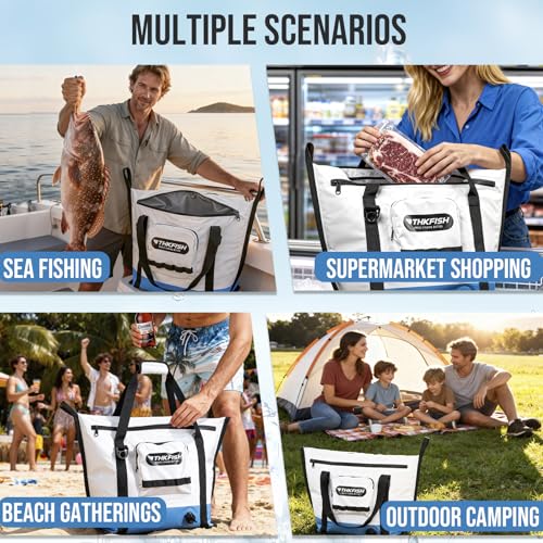 THKFISH Insulated Fish Cooler Bag, 25x17.5in Portable Soft Cooler Bag for Caught Fish, Travel, Beach, Camping, Picnic, Lunch, Fishing, 24HR Cold Retention(White-Blue)