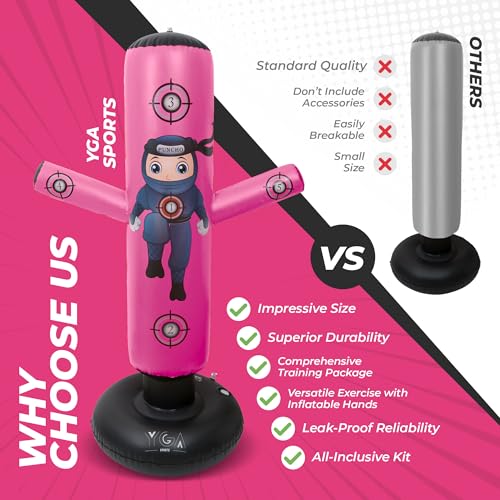 PUNCHO Punching Bag for Kids 3-12 with Boxing Gloves, Pump and Play Book - color: Pink