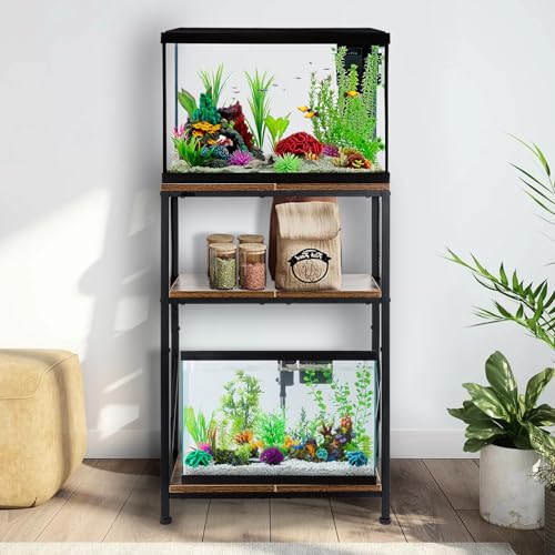 Fish Tank Stand, 10 Gallon Aquarium Stand, 3-Tier Metal Storage Shelf, 20.47"×11.42"×31.69" Heavy Duty Terrarium Stand for Home Office Fish Tank Shelf, Rustic Brown - color: Rustic Brown