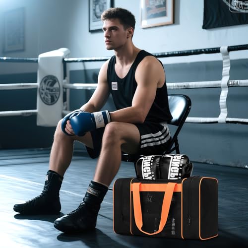 Boxing Gym Duffle Bag, Breathable Mesh Gym Bag for Boxing Gear | Ventilated Design, Wet Pocket, Privacy Pocket, Removable Shoulder Strap | Boxing, MMA, Muay Thai, BJJ & Wrestling Workout Bag - color: Orange