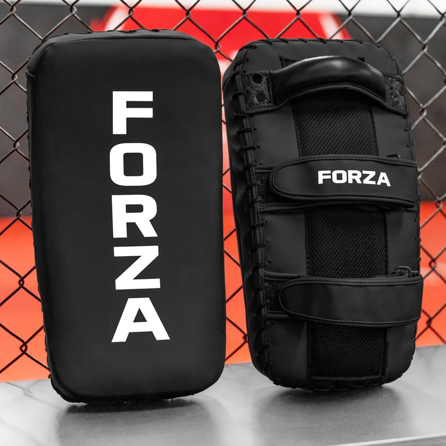 FORZA Muay Thai Strike Pads for Boxing, Kickboxing, MMA & Martial Arts Training, Curved Design with Adjustable Straps & Ergonomic Handle, Black