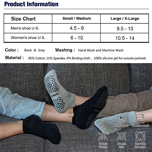 Hylaea Unisex Non Slip Socks with Grip for Yoga, Hospital, Pilates, Barre | Ankle, Cushioned - color: 2 Pairs Black Grey, size: Large-X-Large