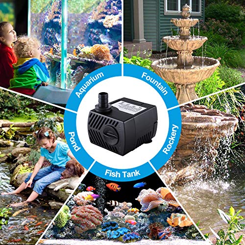 Fountain Pump, 80GPH(4W 300L/H) Submersible Water Pump, Durable Outdoor Fountain Water Pump with 4.9ft Tubing (ID x 1/3-Inch), 3 Nozzles for Aquarium, Pond, Fish Tank, Water Pump Hydroponics