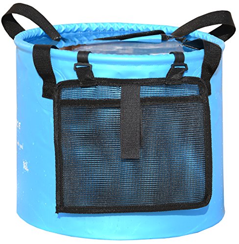 Freegrace Collapsible Bucket with Mesh Tool Pocket - 10L, 16L & 23L Portable Folding Water Container - Heavy Duty 500D Tarpaulin, BPA-Free Wash Basin for Camping, Fishing, RV, and Car Washing - color: Sky Blue(upgraded)
