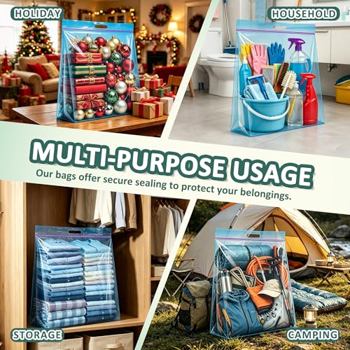 25 Gallon 4 Mil Thick Clear Zipper Storage Bags with Handles, 3 Packs 24"x35" Heavy Duty for Clothing, Pillows, Travel, and Moving, Blue