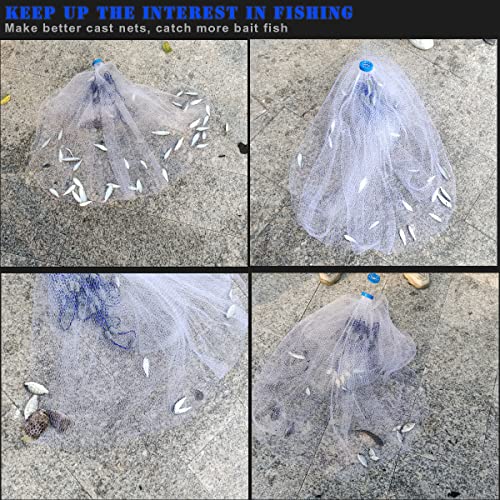 Saltwater Fishing Cast Net 3/8 and 1/4 Mesh with Heavy Duty Gray Sinker American Monofilament Fish Throw Net for Bait Trap 3FT 4FT 5FT 6FT 7FT 8FT 9FT Radius