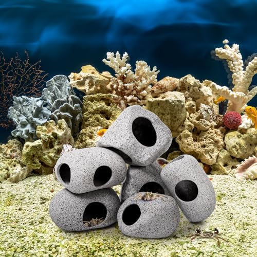 6 Pack Aquarium Decoration Rock Caves, Betta Fish Tank Hideaway, Hideout Stones House Decor for Cichlid Shrimp Territorial Fish Hiding Breeding Spawning, Fish Tank Ornaments