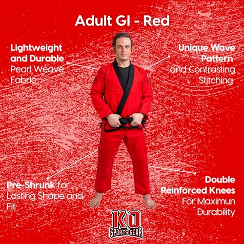 KO Sports Gear Adult BJJ Gi Set, Pre-Shrunk Jiu Jitsu Jacket & Pants, A0-A6 - color: Red, size: A1