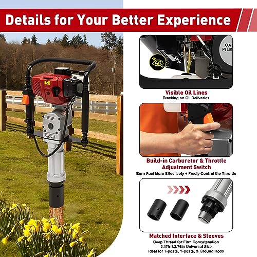 Bepritm 52cc Gas Powered T Post Driver, Fence Post Pile Driver Gasoline Piling 2-Stroke Engine w/2 Post Driving Heads, Portable Petrol Piledriver Handheld 6500RPM (52CC 2 Stroke Style A) - color: 52cc 2 Stroke Style a