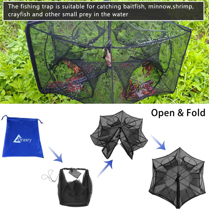 Black Fishing Bait Trap Foldable Fish Net for Minnow Crab Crayfish Crawdad Shrimp Trap Cast Net Dip Cage Collapsible Easy Use 4 6 Hole Fishing Accessories