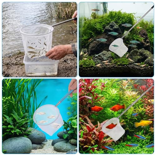 2 Pack Fish Net for Fish Tank, 3 & 4 Inch Stainless Steel Fishes Nets for Aquarium Gentle Nets Soft Fine Mesh Food Wastes Skimmer for Small Ponds and Pools