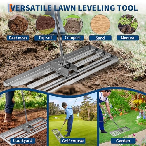 Lawn Leveling Rake,Steel Leveling Rake for Soil,Yard Dirt Leveling Rakes for Grass,Lawn Leveling Tool with Adjustable Handle (Sliver Steel 30”x10”)