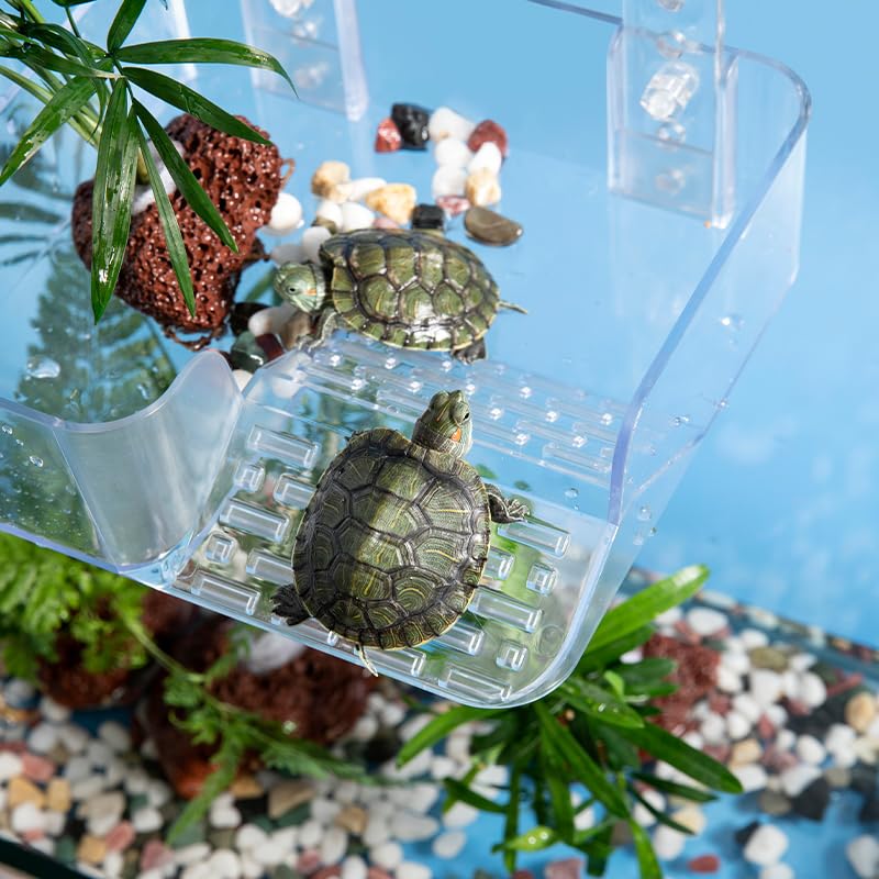 Forher Suction Cup Suspended Turtle Platform with Adjustable, guardrail and Tilted Acrylic Transparent Cradle Platform, Suitable for Decorating Water Tank Accessories (Suspended) - style: Suspended