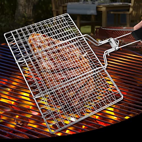 Fish Basket for Grilling- BBQ Basket Stainless Steel Barbecue Basket with Foldable Handle, Portable Outdoor/Camping Grilling Accessories, Grill Vegetable Basket for All Grills(13.2 X 8.6 Inches) - style: Fish Basket
