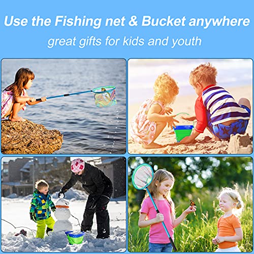 Kids Fishing Net, 2 Pack Telescopic Landing Nets with Aluminum Pole Handle, Collapsible Bucket Sand Pail, Butterfly Net, Fishing Net for Youth, Outdoor Playing - color: 2 Pack Blue
