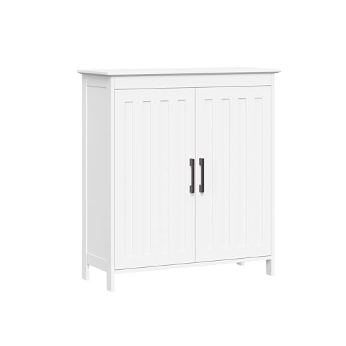 RiverRidge Monroe Two-Door Floor Storage Cabinet - Bathroom Storage Cabinet with Adjustable Shelves - Soft-Close Doors White Finish with Matte Black Handles