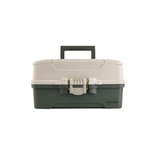 Plano Three-Tray Tackle Box Bass Kit, Tan/Green, Rust-Proof Brass Latch, Top-Access Tray Compartments with Deep Storage, Made in the USA, Portable Fishing Gear Storage Organizer - style: Bass
