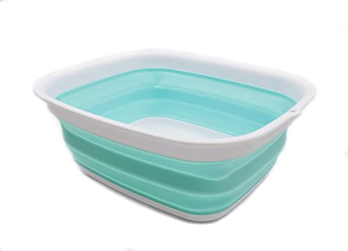 SAMMART 9.45L (2.5 Gallon) Collapsible Tub - Foldable Dish Tub - Portable Washing Basin - Space Saving Plastic Washtub (White/Lake Green, M) - color: White/Lake Green, size: Medium
