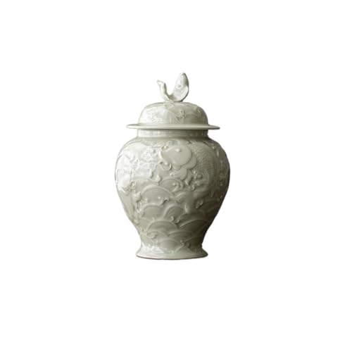 Ceramic Food Jar Celadon Embossed Koi Fish Tea Box Organizer Tea Leaf Box Jar for Coffee Storage Tank Container Awakening Tea Tea Caddy Ornaments Pantry Storage Containers(C,14 * 23.5cm) - color: C, size: 14*23.5cm