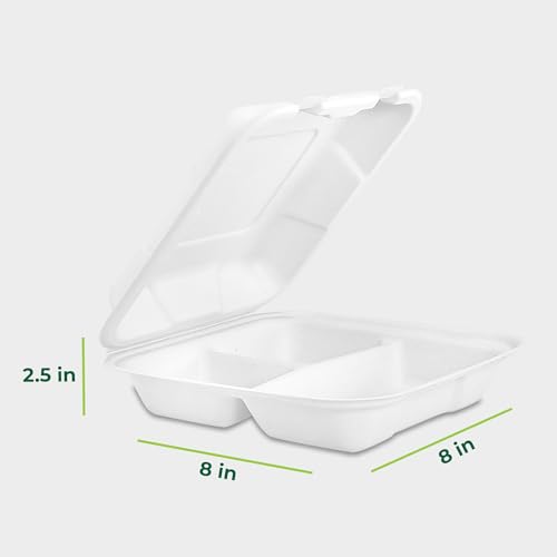 Freshware Compostable Clamshell Food Containers [8x8"] 3-Compartment 50-Pack, Disposable Containers, Biodegradable Sugarcane to Go Boxes - Paper Food Containers - Microwave & Freezer Safe, Stackable